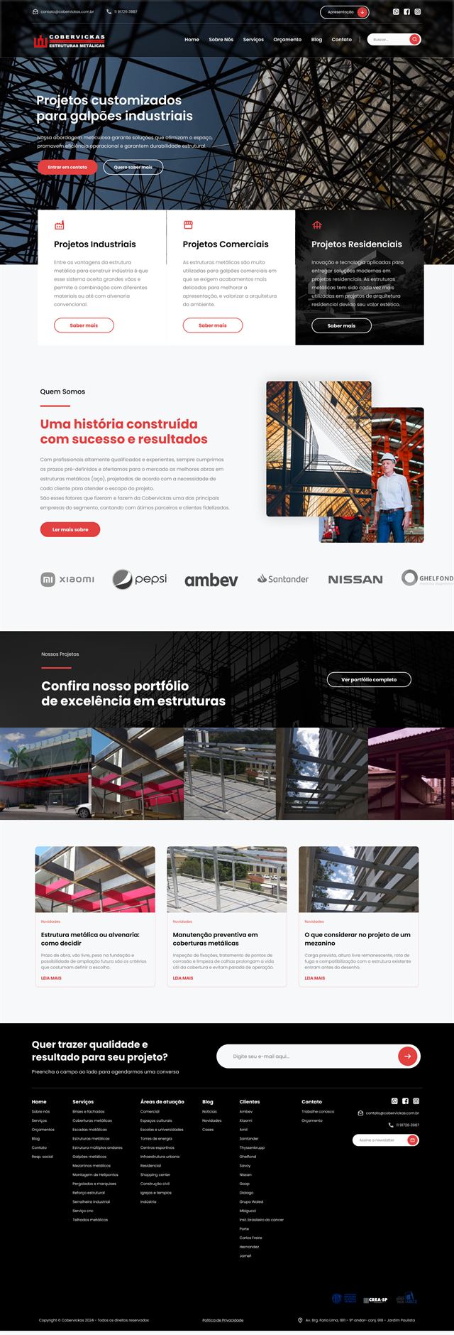 Home da Cobervickas, com a abertura sobre galpões industriais e a faixa de obras executadas.