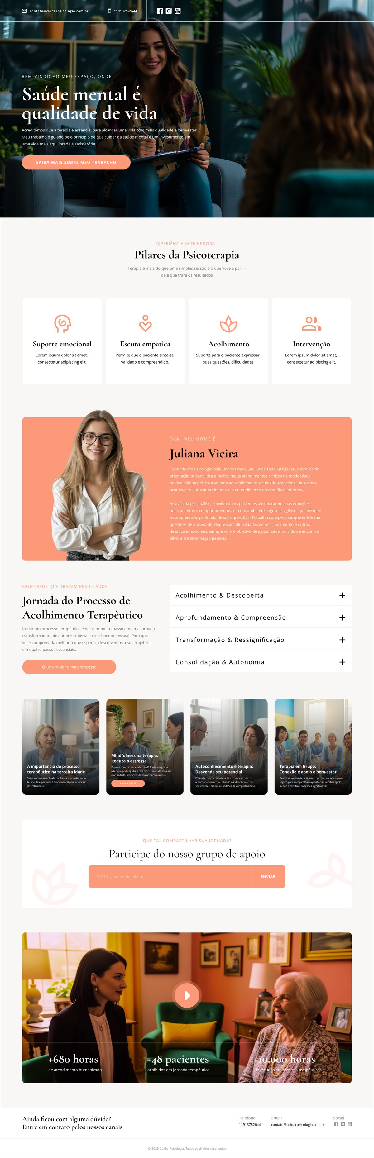 Site da Cuidar Psicologia: abertura com a psicóloga em atendimento, pilares da psicoterapia e a jornada do processo terapêutico.